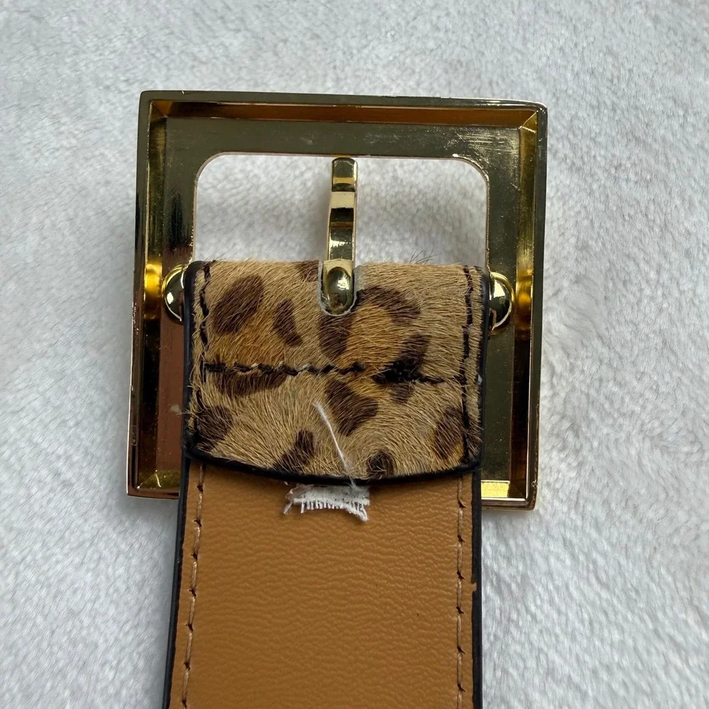 Leopard Calf Hair Belt Womens Small Brown Gold Square Buckle Leather Face Wide